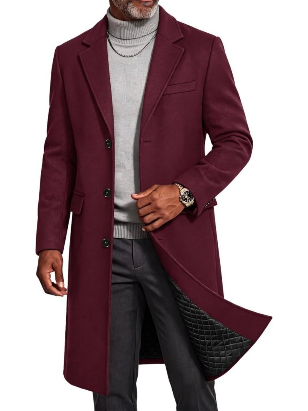 Stylish Men's Quilted Trench Coat, Single Breasted, Notch Lapel, Long Pea Coat